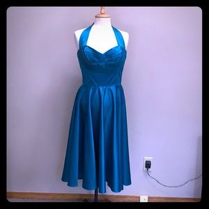 Candace Gwinn halter swing dress turquoise satin